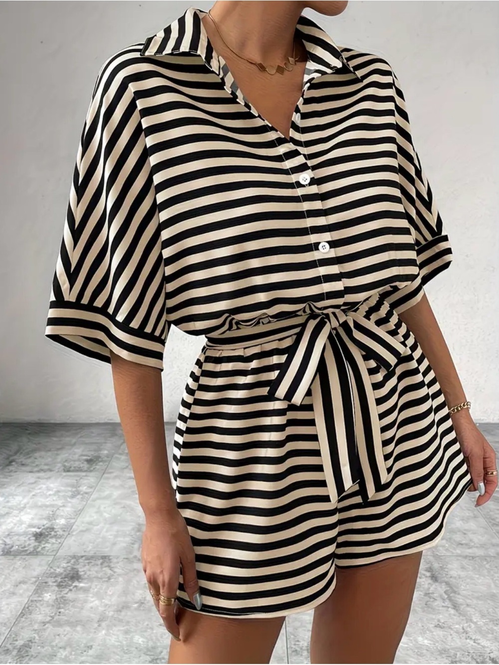 Striped Tie-Waist Romper in Black and Cream